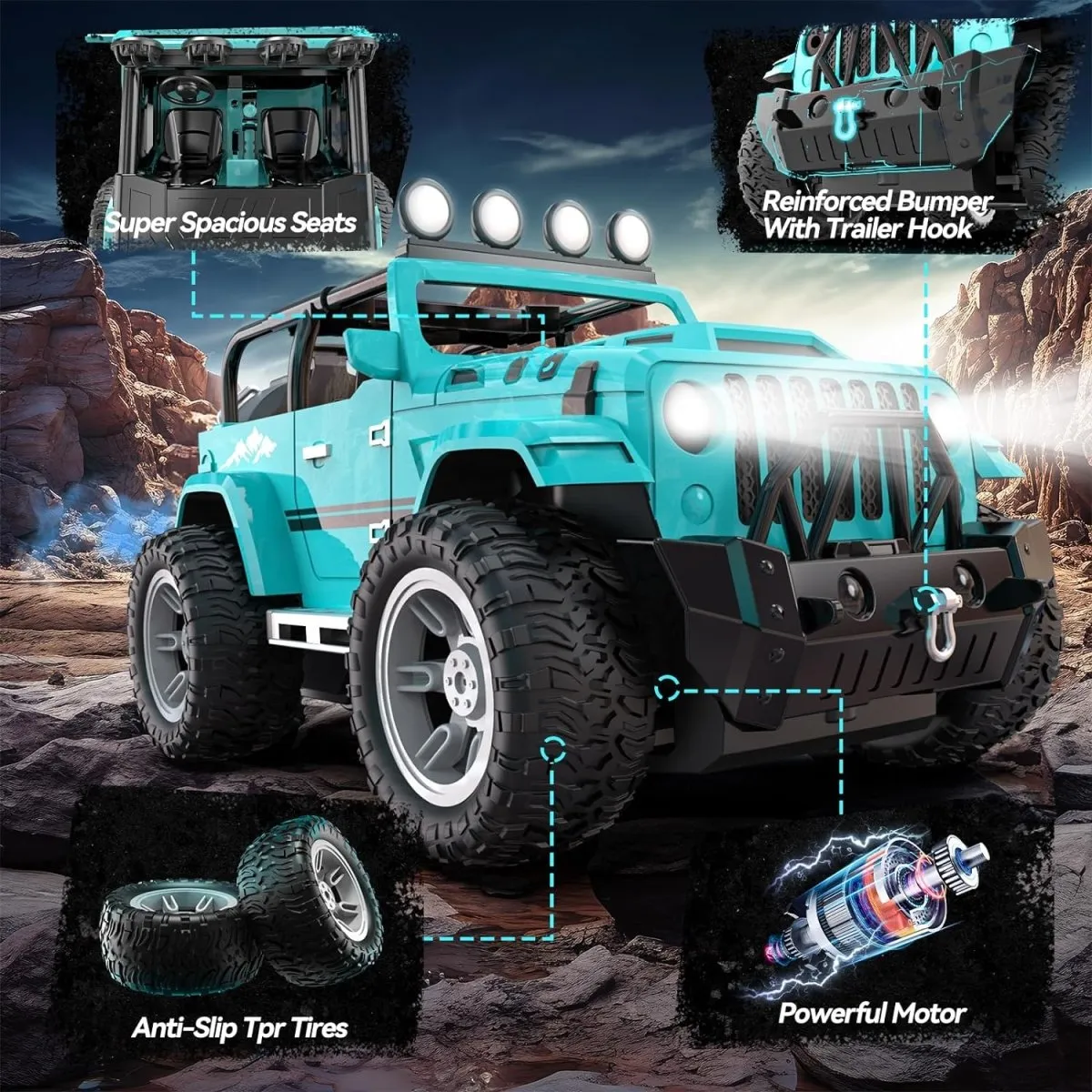 DEERC DE86 Remote Control Jeep Car 1:16 RC Monster Truck with Fog Mist & Music